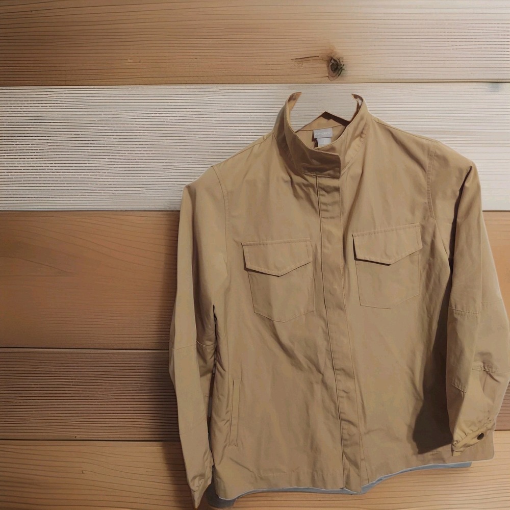 Chicos Tan Windbreaker Jacket Size 2 Womens Snap Closure Pockets Tan Y2K Boho